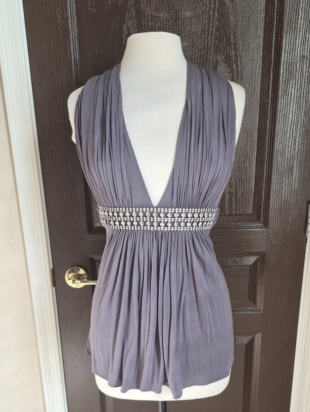 Sky Sleeveless V-Neck Embellished Gray Top